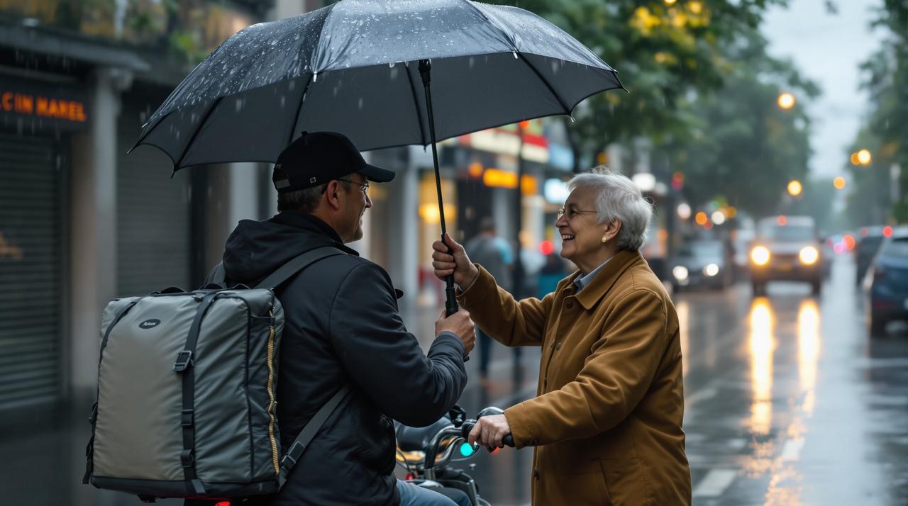 外卖小哥雨中为老人撑伞走完全程,暖心视频感动全网